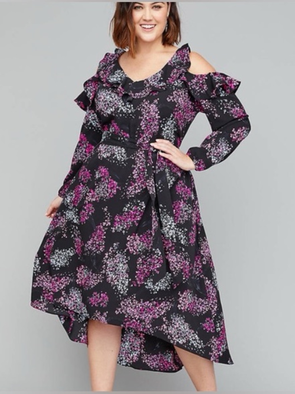 Lane Bryant Floral Cold-Shoulder Ruffle Hi-Lo Midi Dress NWT Cottagecore Size 16